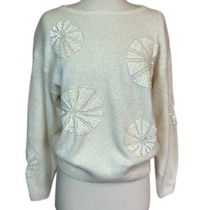Vintage Silk Angora Wool blend Floral Sequin Cream fuzzy by Tamaron sweater sz M